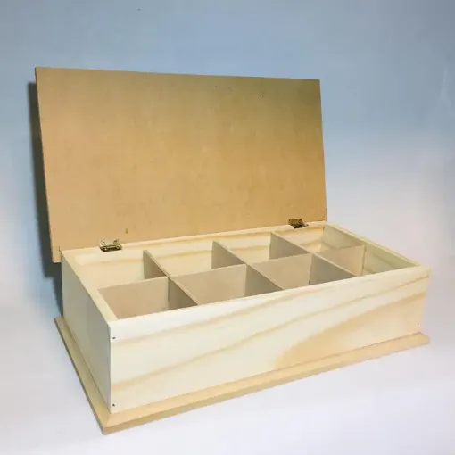 Imagen de Caja rectangular de madera para te de 8 reparticiones con tapa de MDF y bisagras 