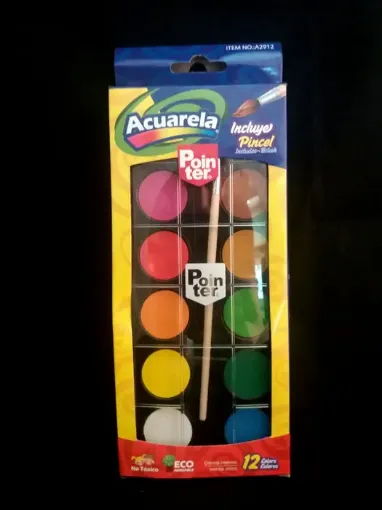 Imagen de Set de 12 acuarelas en pastilla escolares en estuche de colores con pincel "POINTER"