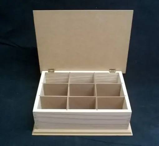 Imagen de Caja para te de madera con tapa de MDF con bisagras y 9 reparticiones