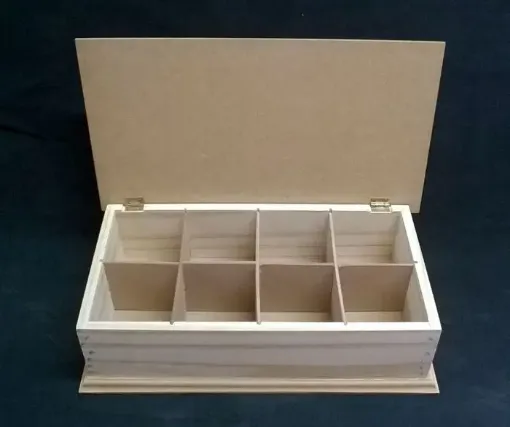 Imagen de Caja para te de madera con tapa de MDF con bisagras y 8 reparticiones