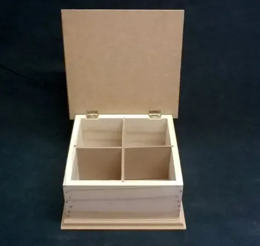 Imagen de Caja para te de madera con tapa de MDF con bisagras y 4 reparticiones