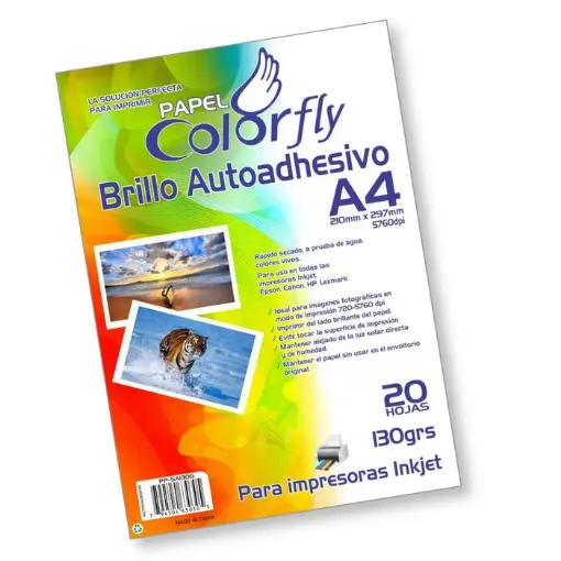 Imagen de Papel fotografico adhesivo brillante "COLORFLY" A4 de 130grs por 20 unidades