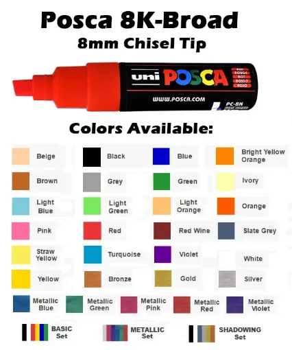 Imagen de Marcador de tinta pigmentada a base de agua UNI POSCA trazo Grueso de 8mm. PC-8K Elegir color