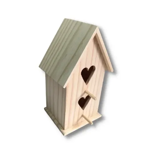 Imagen de Casa para pajaro de pino recta doble con calados corazones de 14x16x31cms.