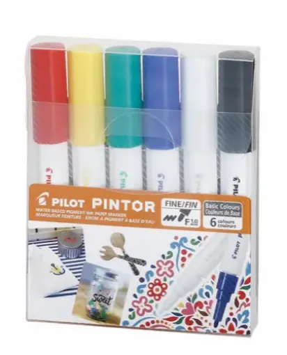 Imagen de Marcador PILOT PINTOR Tinta al agua trazo fino F punta 1.0mms. set de 6 colores clasicos