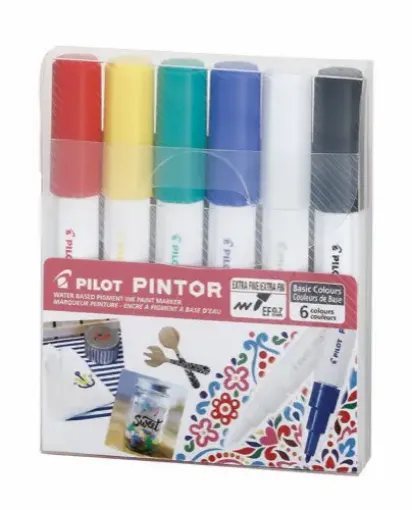 Imagen de Marcador PILOT PINTOR Tinta al agua trazo extra fino EF punta 0.7mms. set de 6 colores clasicos
