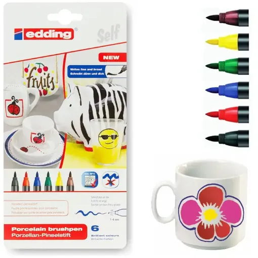 Imagen de Marcadores EDDING 4200 para ceramica y porcelana punta pincel de 1 a 4mms 6 colores basicos primarios
