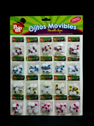 Imagen de Ojitos plasticos moviles de 12mms con pestana "POINTER" carton x20 paquetes x10 unidades de 4 colores