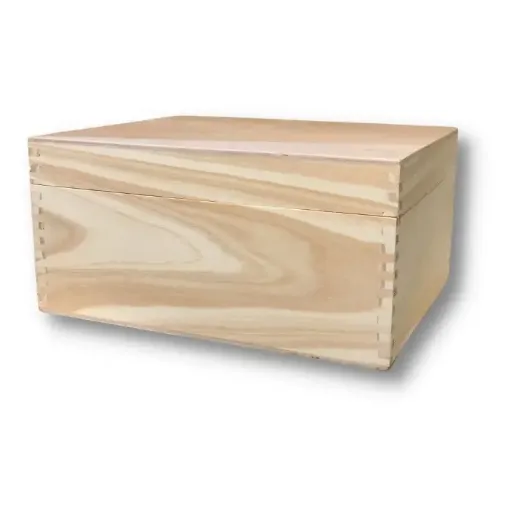 Imagen de Caja de madera de pino rectangular con bisagras y tapa de compensado de 20x25x12cms. 