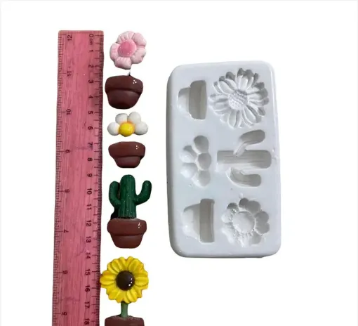 Imagen de Molde de silicona para resina y masas no.033 modelo macetas flores y cactus x3 formas de 2 a 3cms aprox