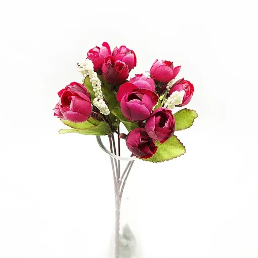 Imagen de Ramo de flores artificiales mini pimpollito rococo nevado de 30cms 15 flores color Fucsia