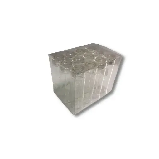 Imagen de Frasquito de vidrio boca ancha RB12572 de 2x8cms por 12 unidades con tapa de acrilico Transparente