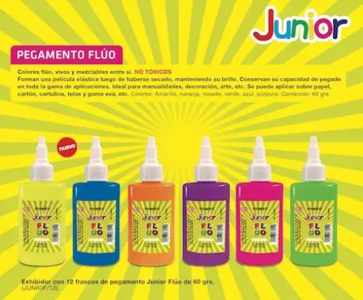 Imagen de Cola vinilica pegamento escolar "JUNIOR" x60grs. *12 unidades de 6 colores FLUO surtidos