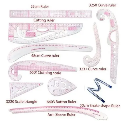 Imagen de Set de 9 reglas de acrilico flexible multifuncionales para realizar patrones en costura