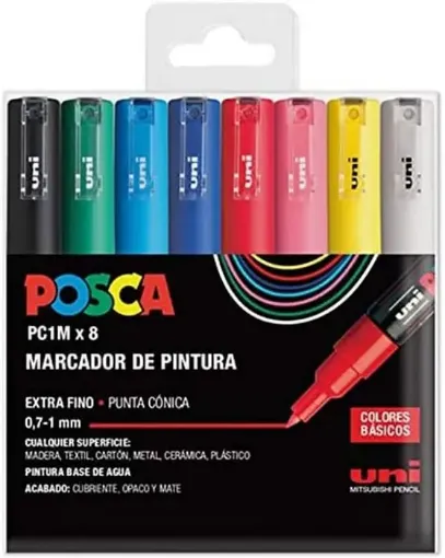 Imagen de Marcador de tinta pigmentada agua UNI POSCA trazo ultrafino 0.7mms PC-1M 8 colores basicos