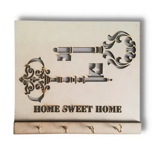 Imagen de Portallaves de MDF calado laser modelo "home sweet home" 2 llaves con 4 pitones