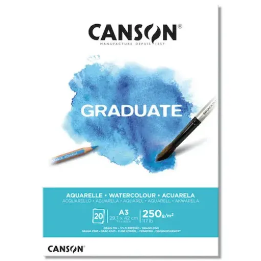 Imagen de Block para acuarela "CANSON" GRADUATE papel blanco de grano ligero 250g A3 medida 42x29.7cms de 20 hojas