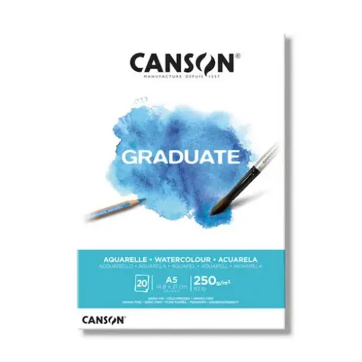 Imagen de Block para acuarela "CANSON" GRADUATE papel blanco de grano ligero 250g A5 medida 14.8x21cms de 20 hojas