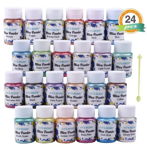 Imagen de Pigmentos para resina velas maquillaje jabones polvo de mica "LETS RESIN" kit de 24 colores perlados x10g