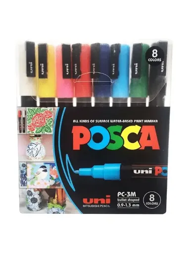 Imagen de Marcadores a base de agua "UNI POSCA" trazo medio de 0.9 a 1.3mm. PC-3M 8 colores 
