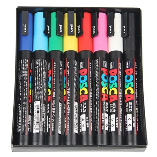 Imagen de Marcador de tinta pigmentada agua UNI POSCA MEDIANO PC5M 1.8 a 2.5mms. Set de 8 colores