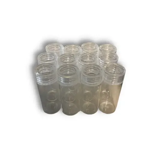Imagen de Frasquito de vidrio boca chica RB12570 de 2x6cms con tapa de plastico transparente por 12 unidades