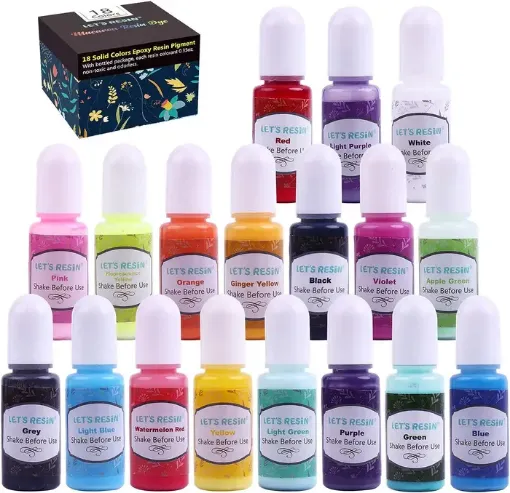 Imagen de Pigmentos liquidos concentrados para resina Epoxi "LETS RESIN" kit de 18 colores Opacos x10ml 