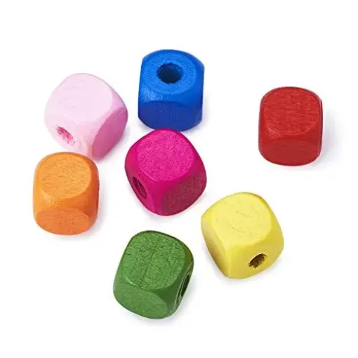 Imagen de Cuentas de madera cubo de 10mms por 50grs=100 unidades aprox varios colores