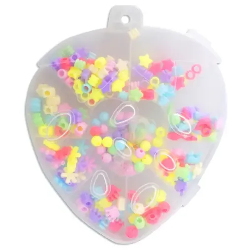 Imagen de Set de bijou con cuentas de plastico para armar collares y pulceras en caja con forma corazon 17x15cms.