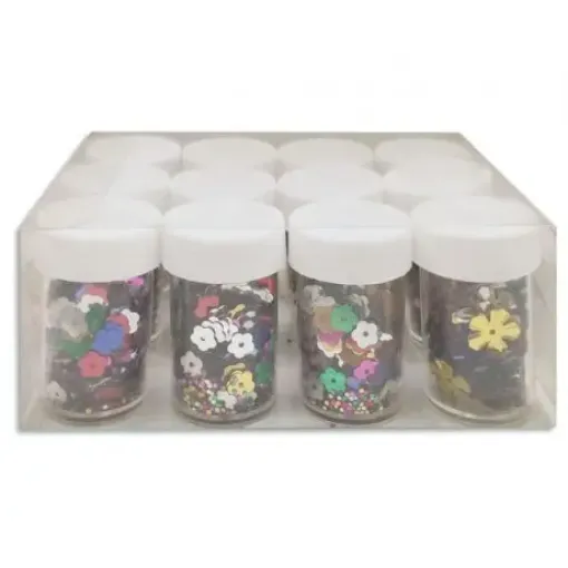 Imagen de Confetti lentejuelas forma flor colores surtidos en frasco de 2.5x4.5cms.