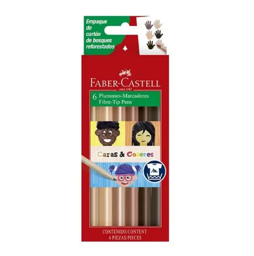Imagen de Marcadores fibras "FABER-CASTELL" Caras & Colores en caja de 6 colores con tonos piel