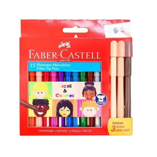Imagen de Marcadores fibras "FABER-CASTELL" Caras & Colores en caja de 12 colores brillantes +3 tonos piel