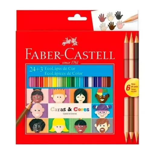 Imagen de Eco lapices de colores "FABER-CASTELL" Caras & Colores en caja de 24 colores brillantes +3 lapices bicolor con 6 tonos piel