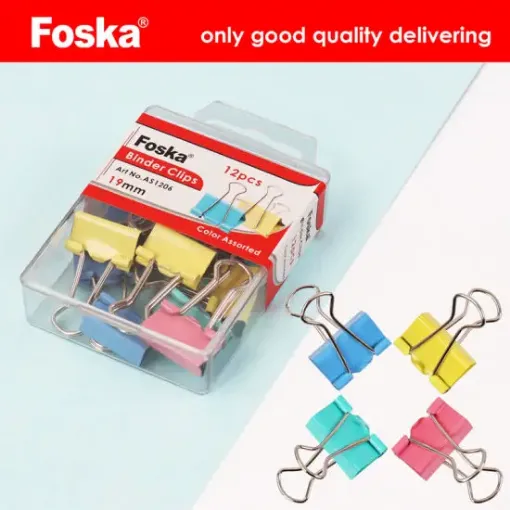 Imagen de Aprieta papeles manito metalica de 19mms "FOSKA" colores pasteles cajita con 12 unidades surtidas
