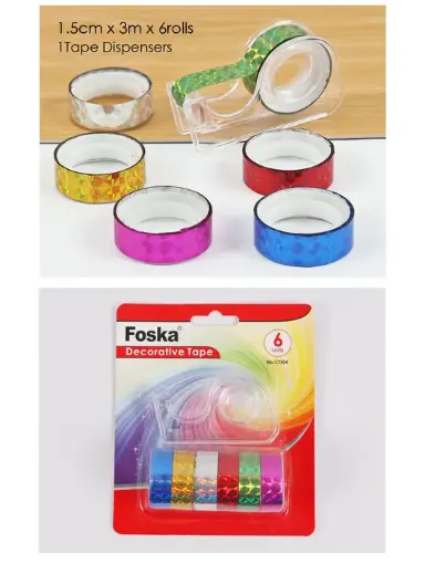 Imagen de Cinta adhesiva de papel decorativa holograma "FOSKA" 15mms. set de 6 colores con dispensador