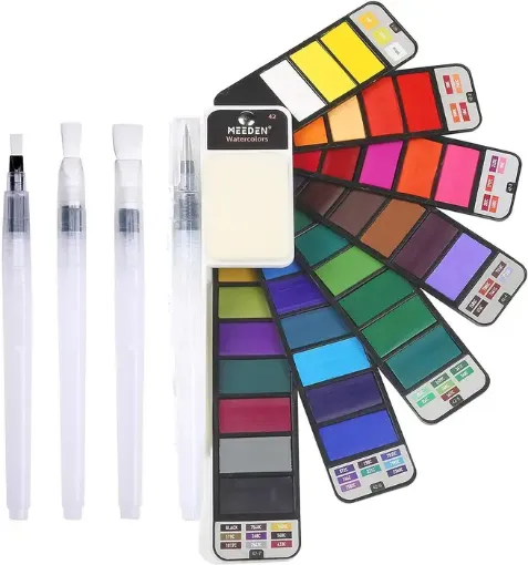 Imagen de Set de 42 colores de acuarelas en estuche abanico ideal para viaje "MEEDEN" incluye 4 pinceles para agua