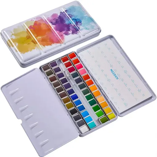 Imagen de Set de 48 colores de acuarelas premium en pastilla "MEEDEN" en estuche metalico con pincel y paleta 
