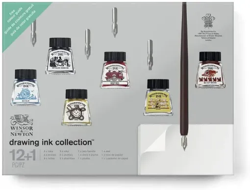 Imagen de Set completo para caligrafia "WINSOR & NEWTON" Calligraphy Gift Set 2018 con 6 tintas y 5 plumas