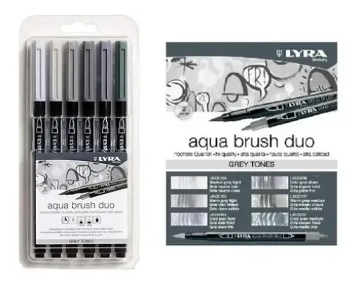 Imagen de Marcadores punta pincel doble punta lettering "LYRA" Aqua Brush Duo Set de 6 tonos Grises