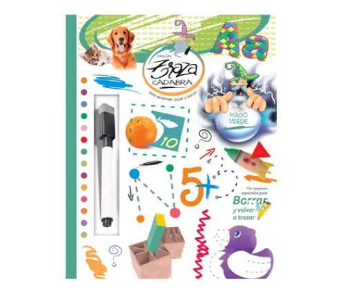 Imagen de Libro de actividades infantil coleccion Traza CADABRA con marcador de tinta borrable tapa Mago Verde