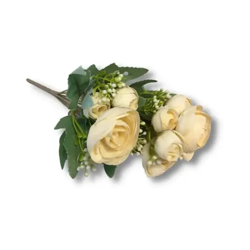 Imagen de Ramo de flores artificiales marimonias con follaje plastico 30cms x7 unidades T-2260 color crema