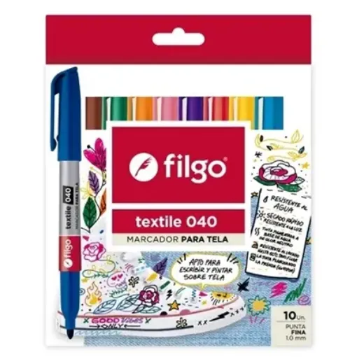 Imagen de Set de 10 marcadores FILGO permanentes 040 de punta fina de 1mm. colores para textiles Tela