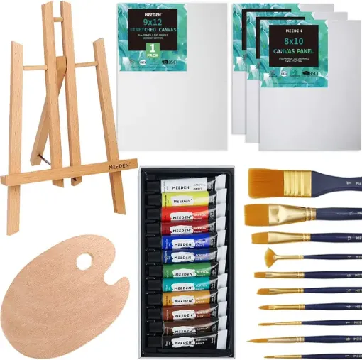 La Casa del Artesano-Set premium de 28 elementos para pintar con acrilico  MEEDEN incluye caballete,12 acrilicos,10 pinceles