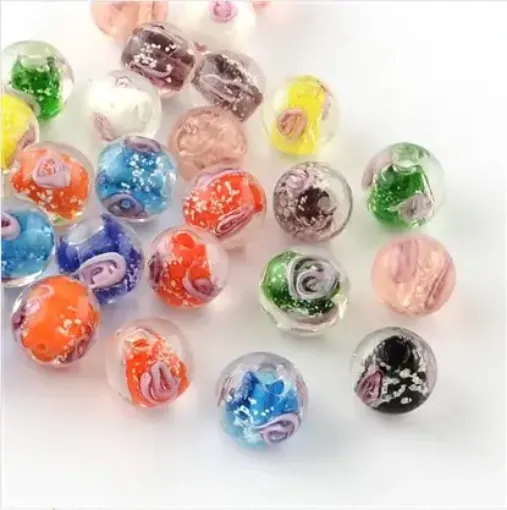 La Casa del Artesano-Cuentas de cristal de Murano hechas a mano redondas de  10mms con inclusion flor x10 colores surtidos