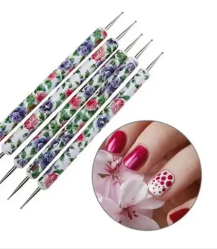 set 5 herramientas dobles para puntillismo grabado nail art dotting tool 13cms motivo floral 0