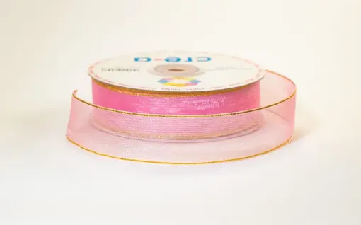 cinta organza borde metalizado dorado 1 25mms rollo 45mts color rosado 0