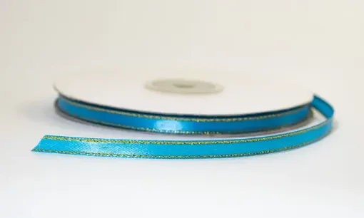 cinta satinada borde metalizado ancho 1 4 6mms por 5mts color turquesa oro 0