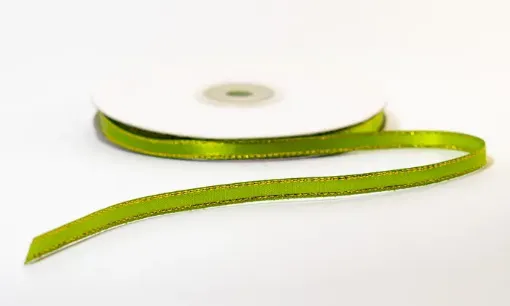 cinta satinada borde metalizado ancho 1 4 6mms por 5mts color verde manzana oro 0