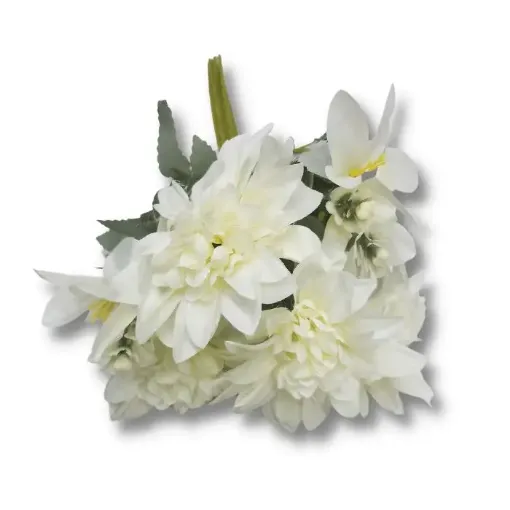 bouquet flores artificiales vintage dalia astromelias x7 35cms color blanco 0