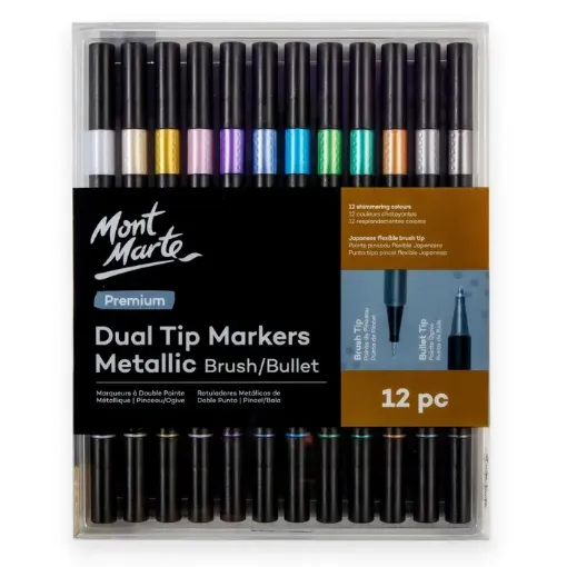set 12 marcadores punta doble 0 6mm pta pincel premium mont marte lettering 12 colores metalizados 0